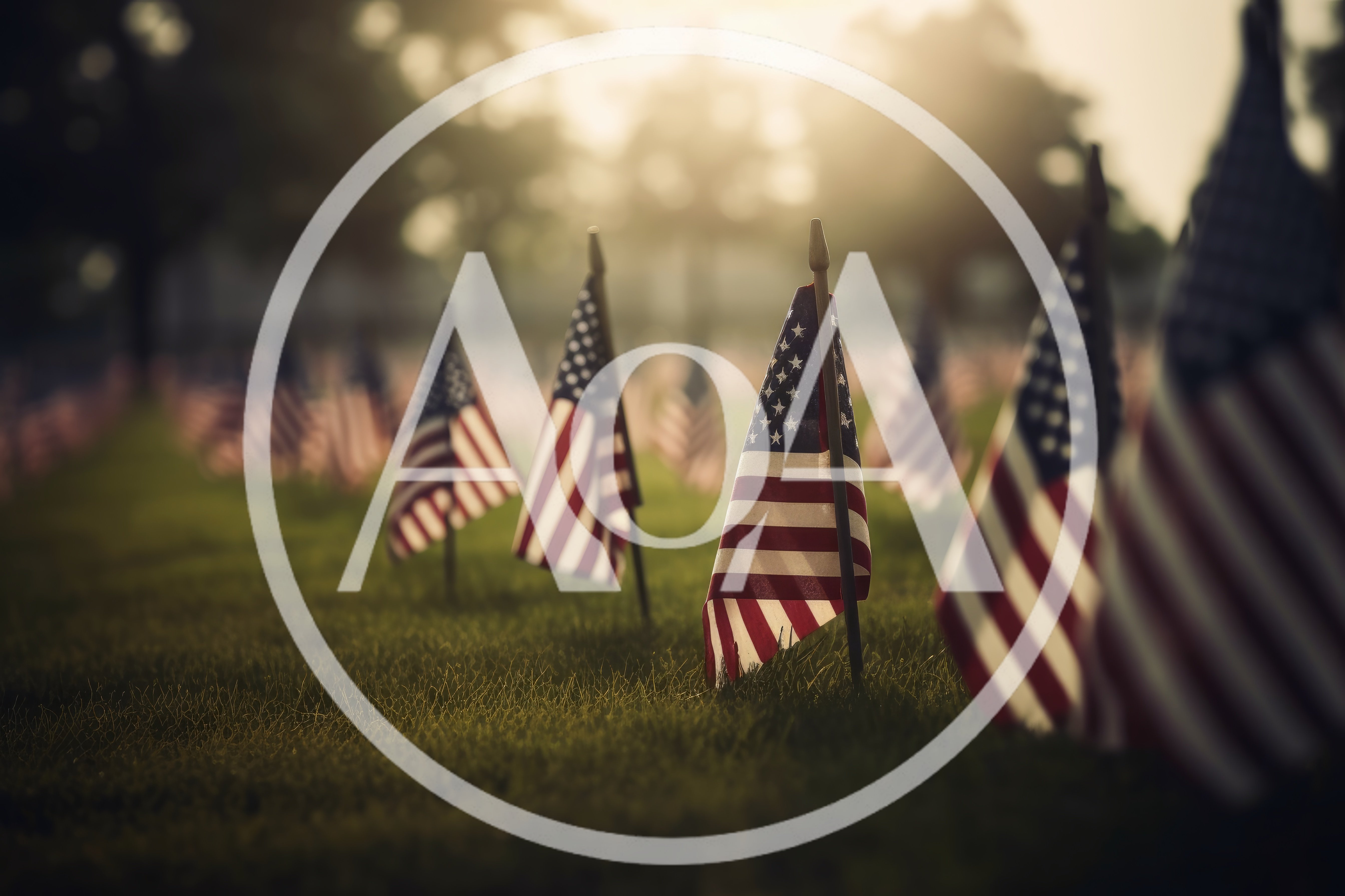 American Flags Placed In A Cemetery At Sunset