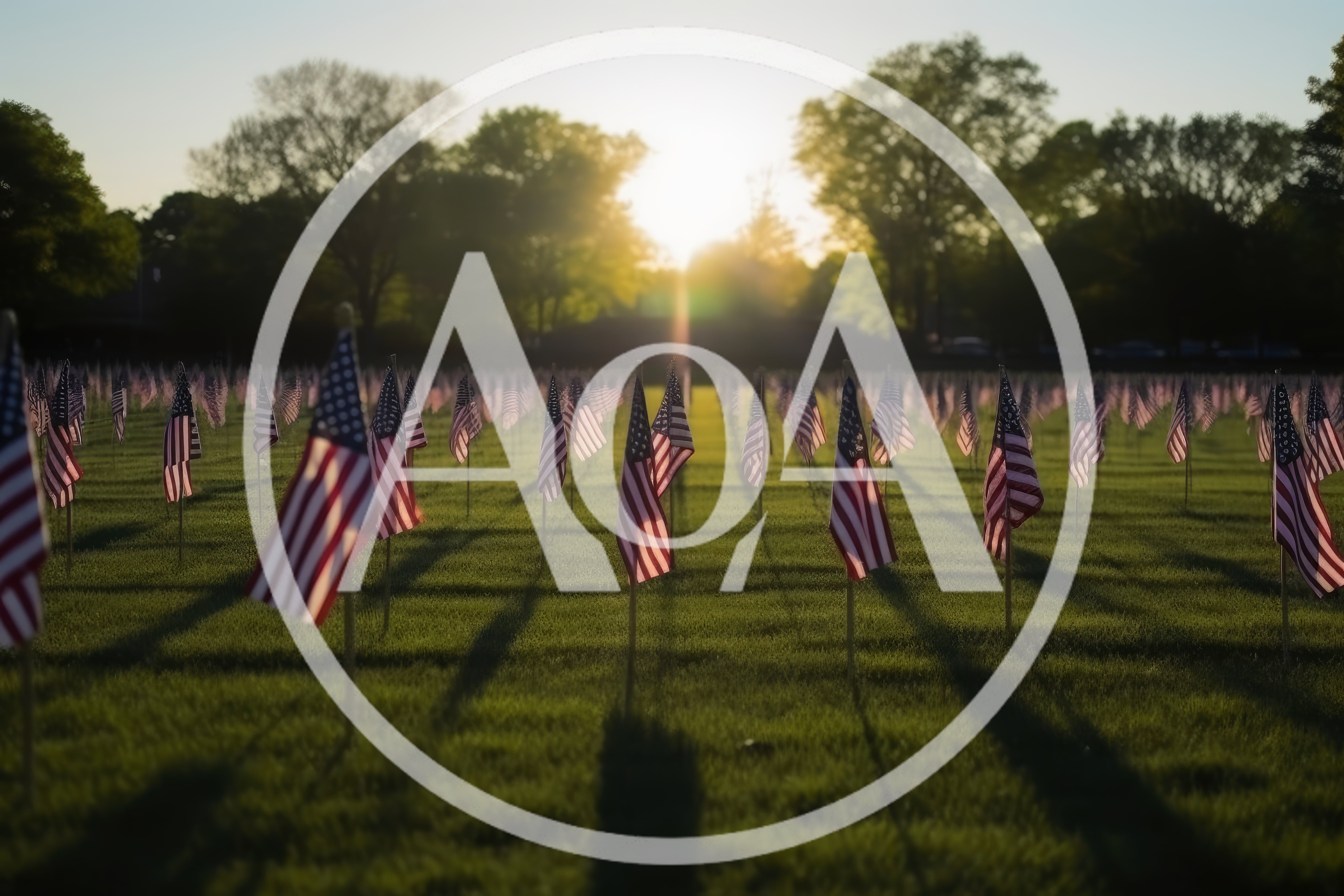 American Flags Displayed In A Cemetery At Sunset