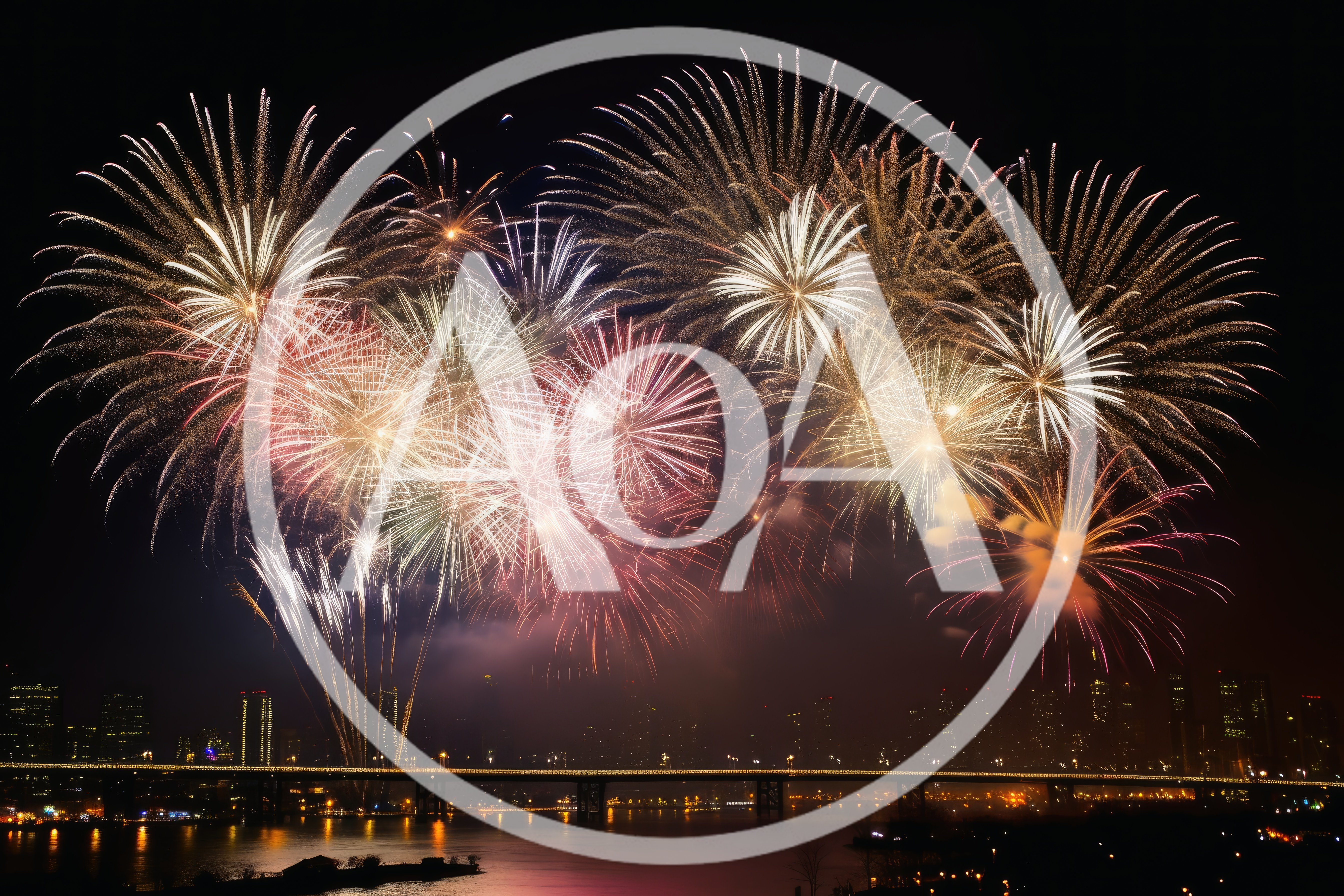 Spectacular Fireworks Display Over City Skyline And Bridge
