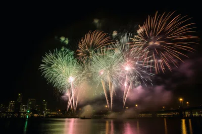 Spectacular Fireworks Display Over City Skyline At Night