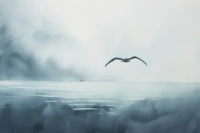 Lone Bird Flying Over A Misty Ocean