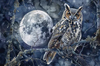 Great Horned Owl Perched Under Full Moon