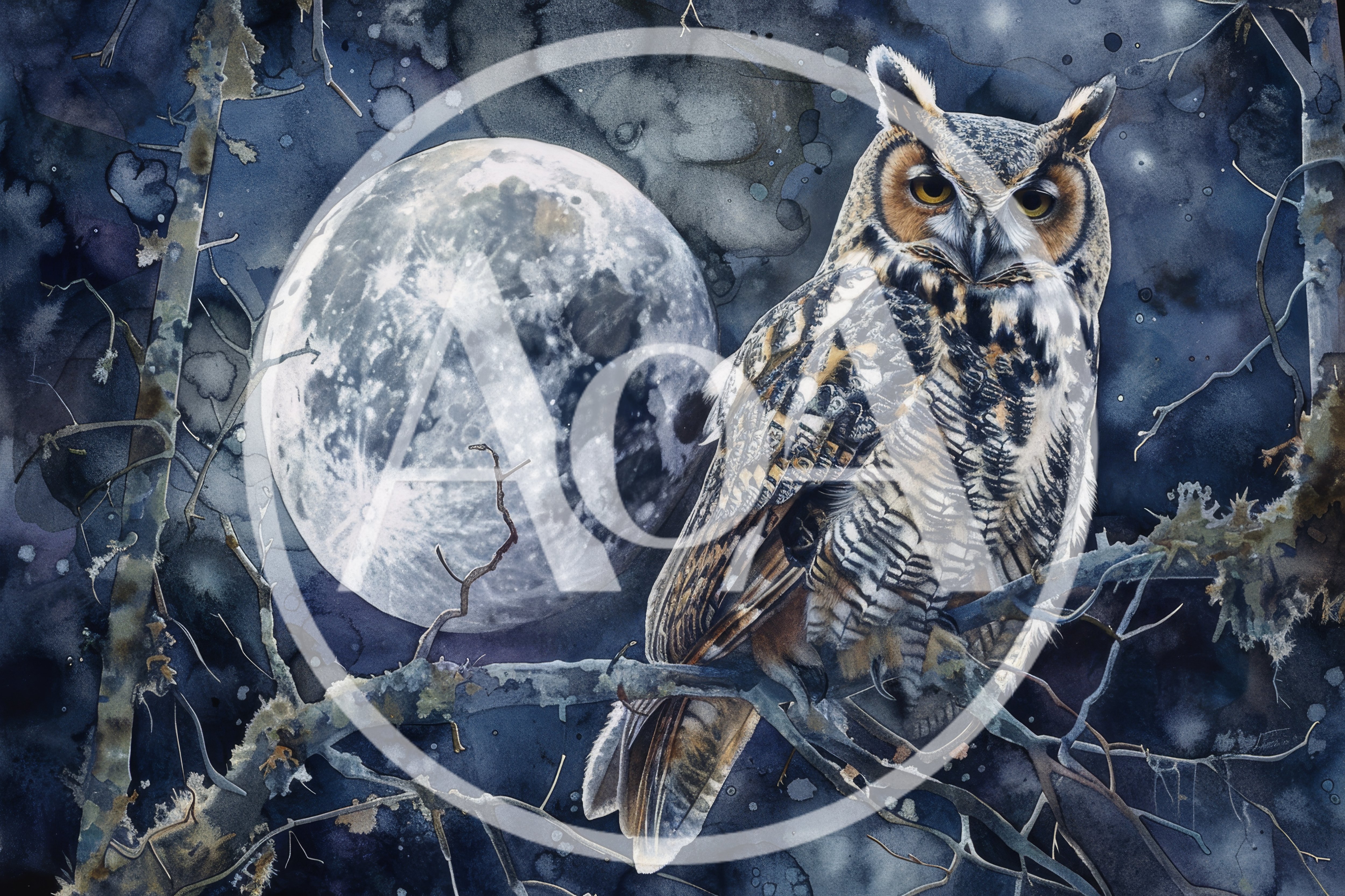 Great Horned Owl Perched Under Full Moon