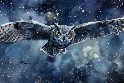 Great Horned Owl Flying Through A Starry Night Sky