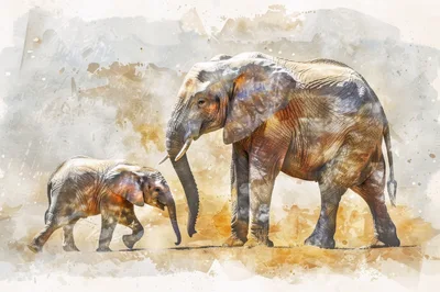 Watercolor Painting of an Adult Elephant and Calf
