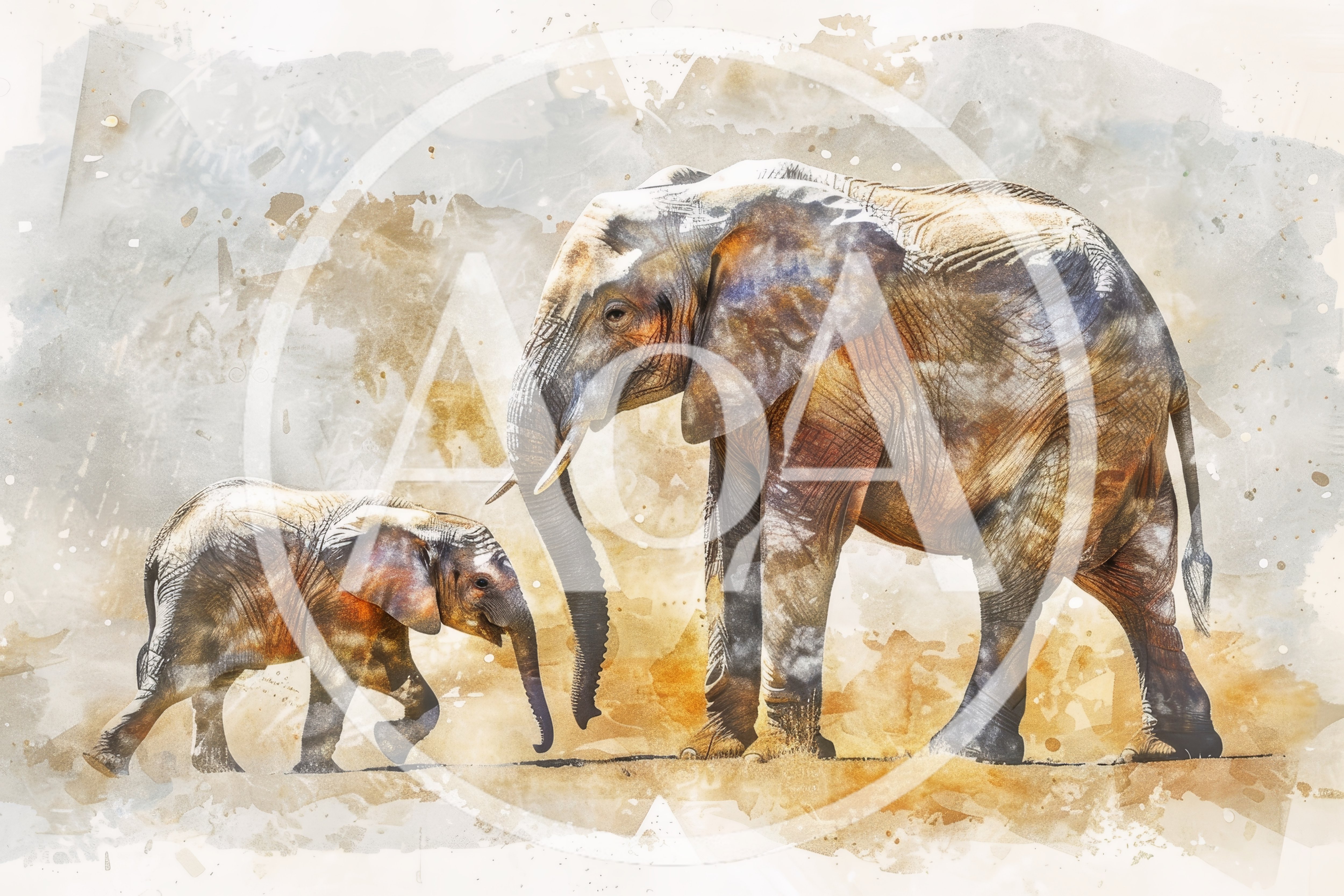Watercolor Painting of an Adult Elephant and Calf