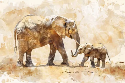 Watercolor Illustration Of An Elephant And Her Calf