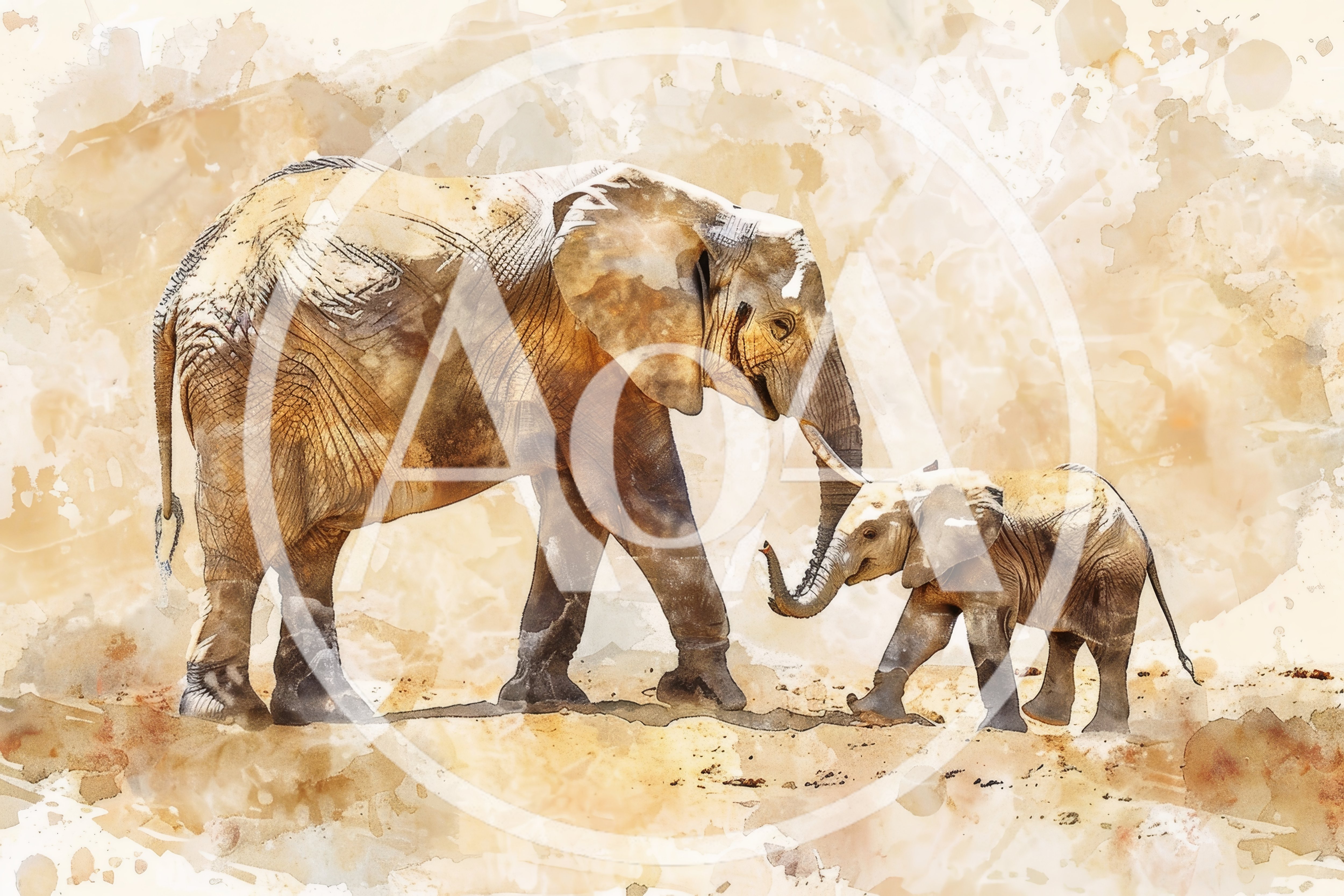Watercolor Illustration Of An Elephant And Her Calf
