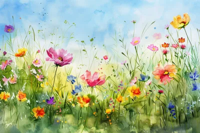 Watercolor Painting Of A Vibrant Wildflower Meadow