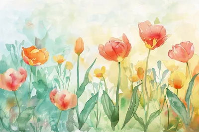 Watercolor Painting Of Vibrant Spring Tulips In A Meadow