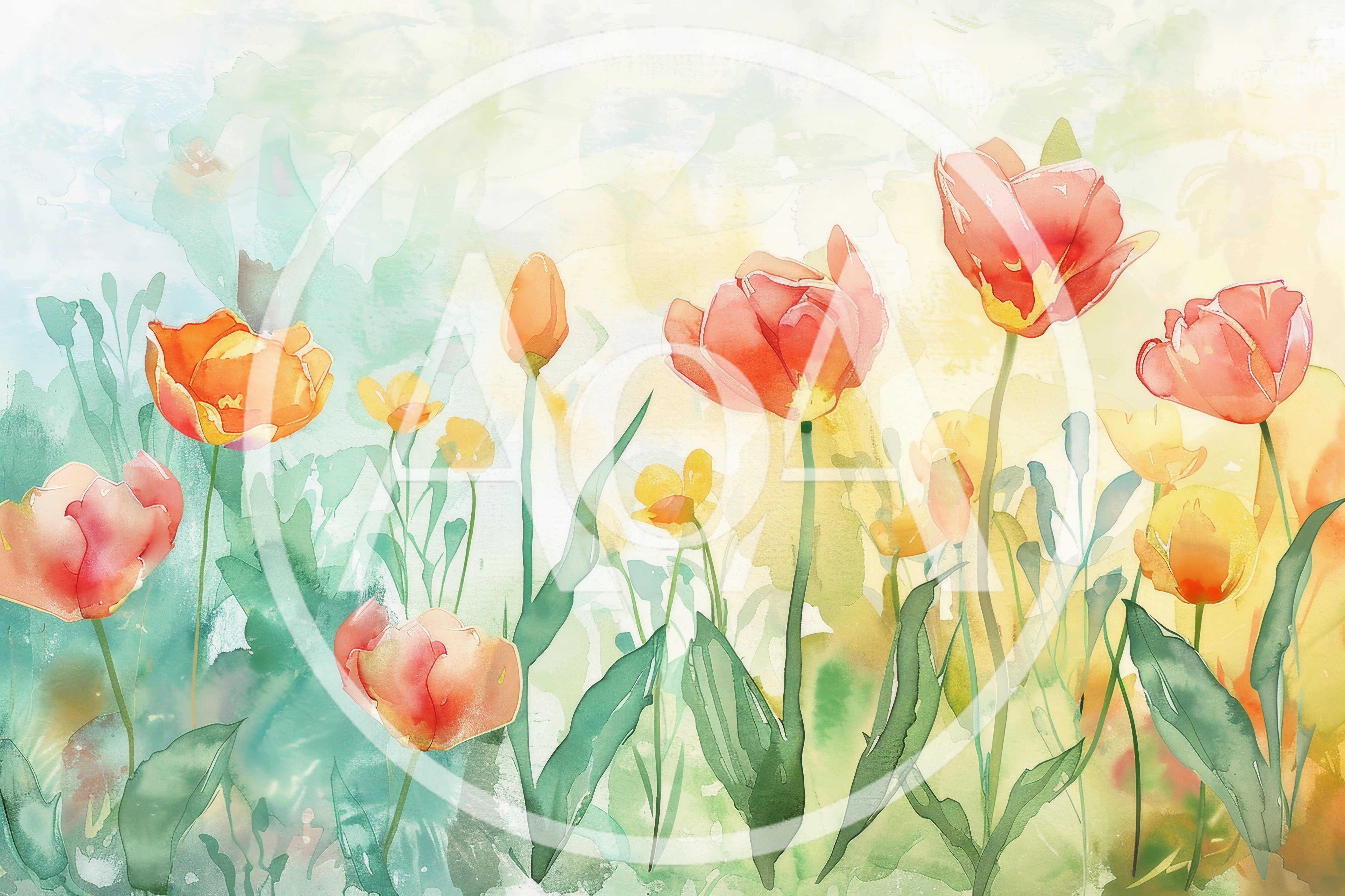 Watercolor Painting Of Vibrant Spring Tulips In A Meadow