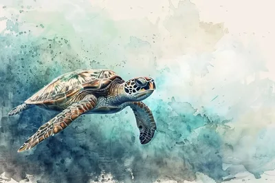 Sea Turtle Swimming Through Abstract Watercolor Ocean Background