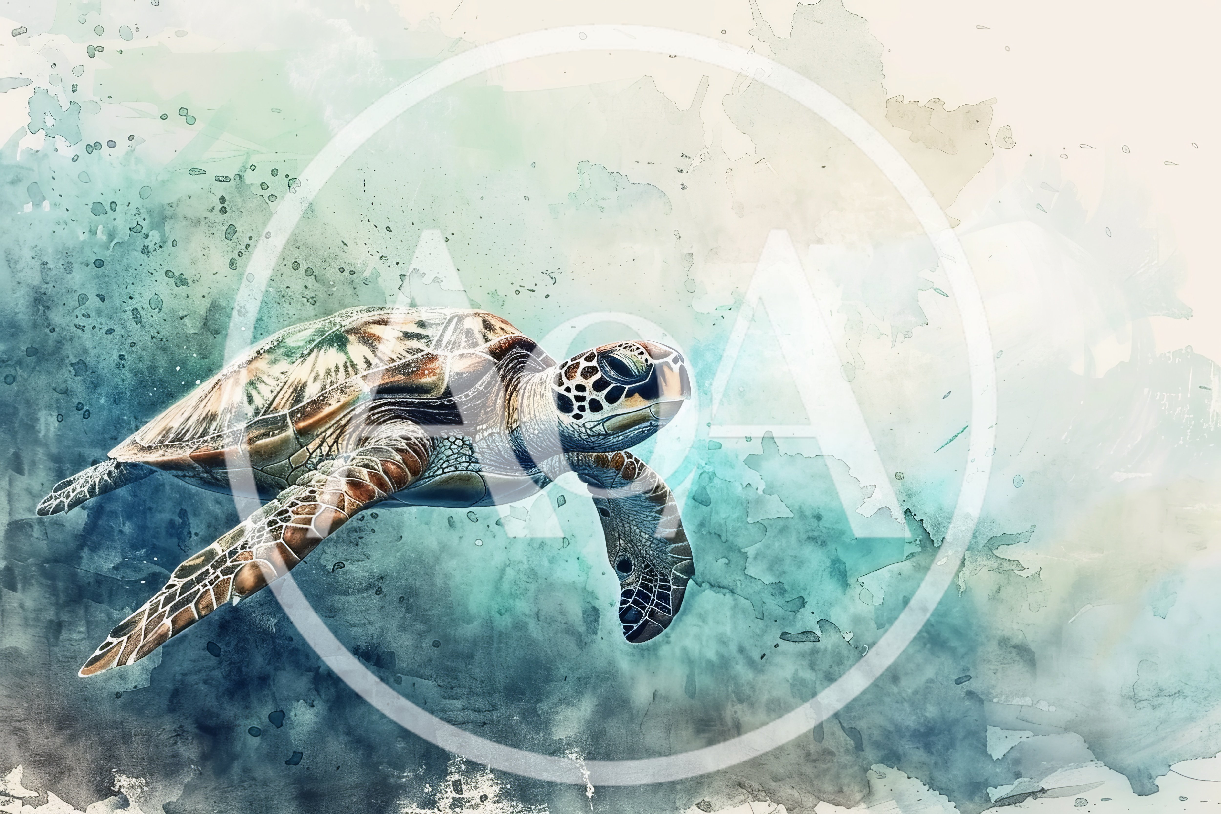 Sea Turtle Swimming Through Abstract Watercolor Ocean Background