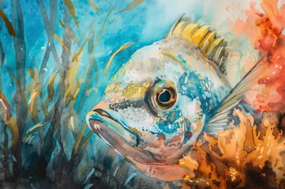 Watercolor Painting Of A Tropical Fish Underwater