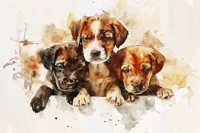 Three Adorable Puppies Watercolor Illustration