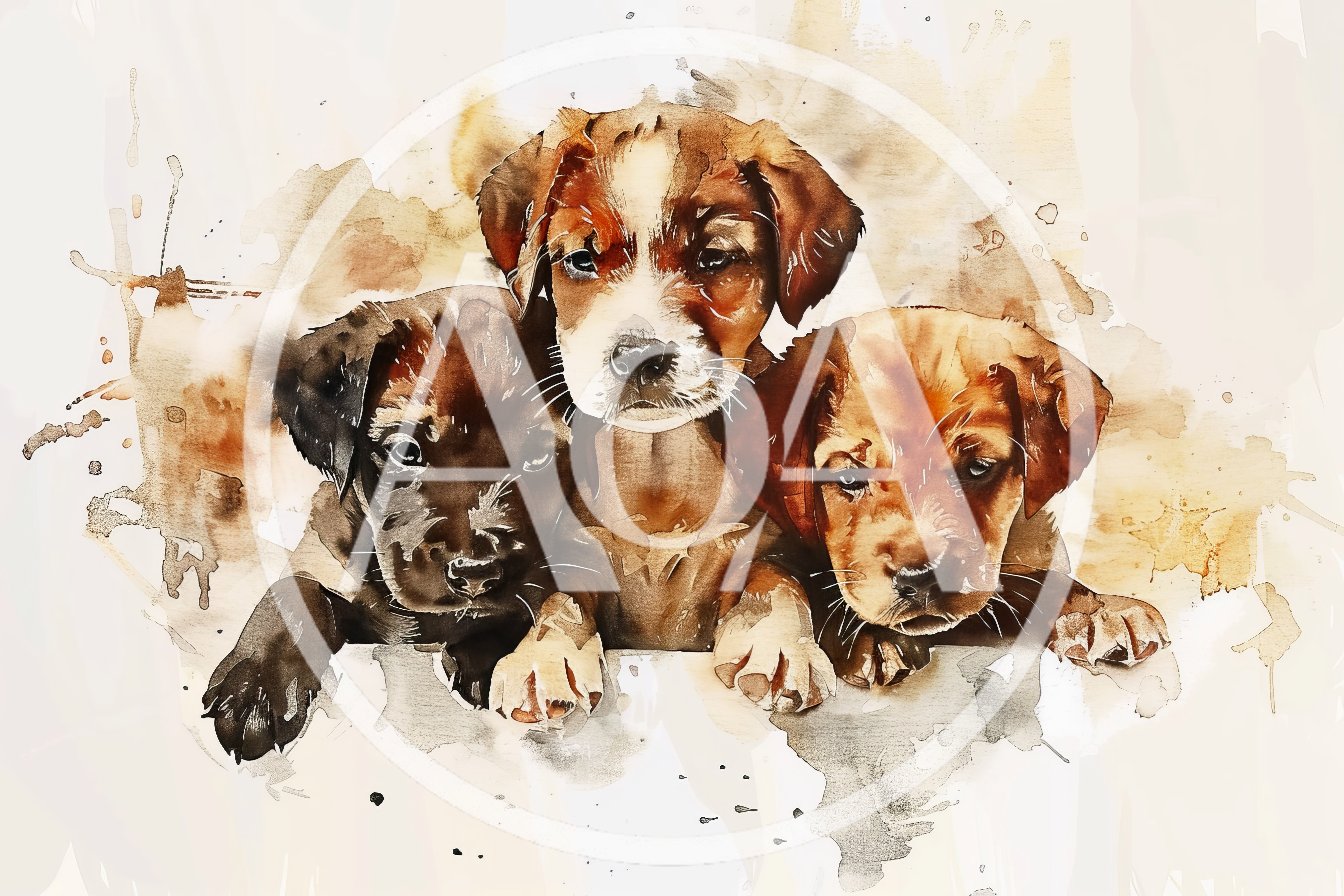 Three Adorable Puppies Watercolor Illustration