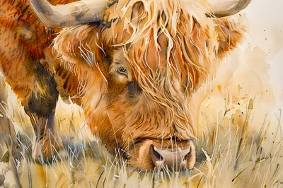 Watercolor Painting Of A Highland Cow Grazing