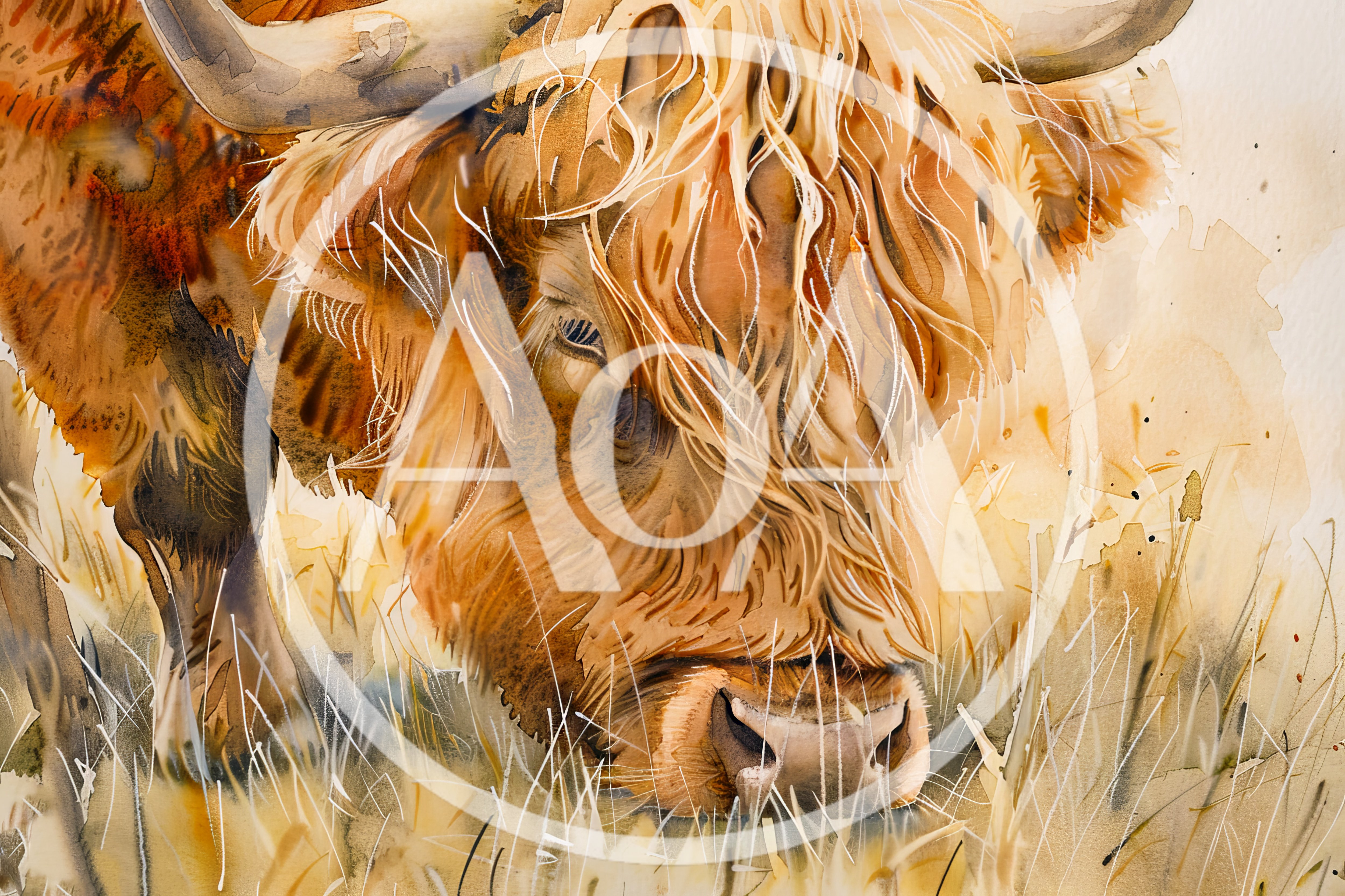 Watercolor Painting Of A Highland Cow Grazing