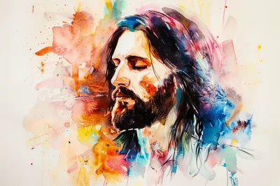 Watercolor Portrait Of A Bearded Man With Long Hair