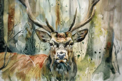 Watercolor Painting Of A Majestic Stag In Forest