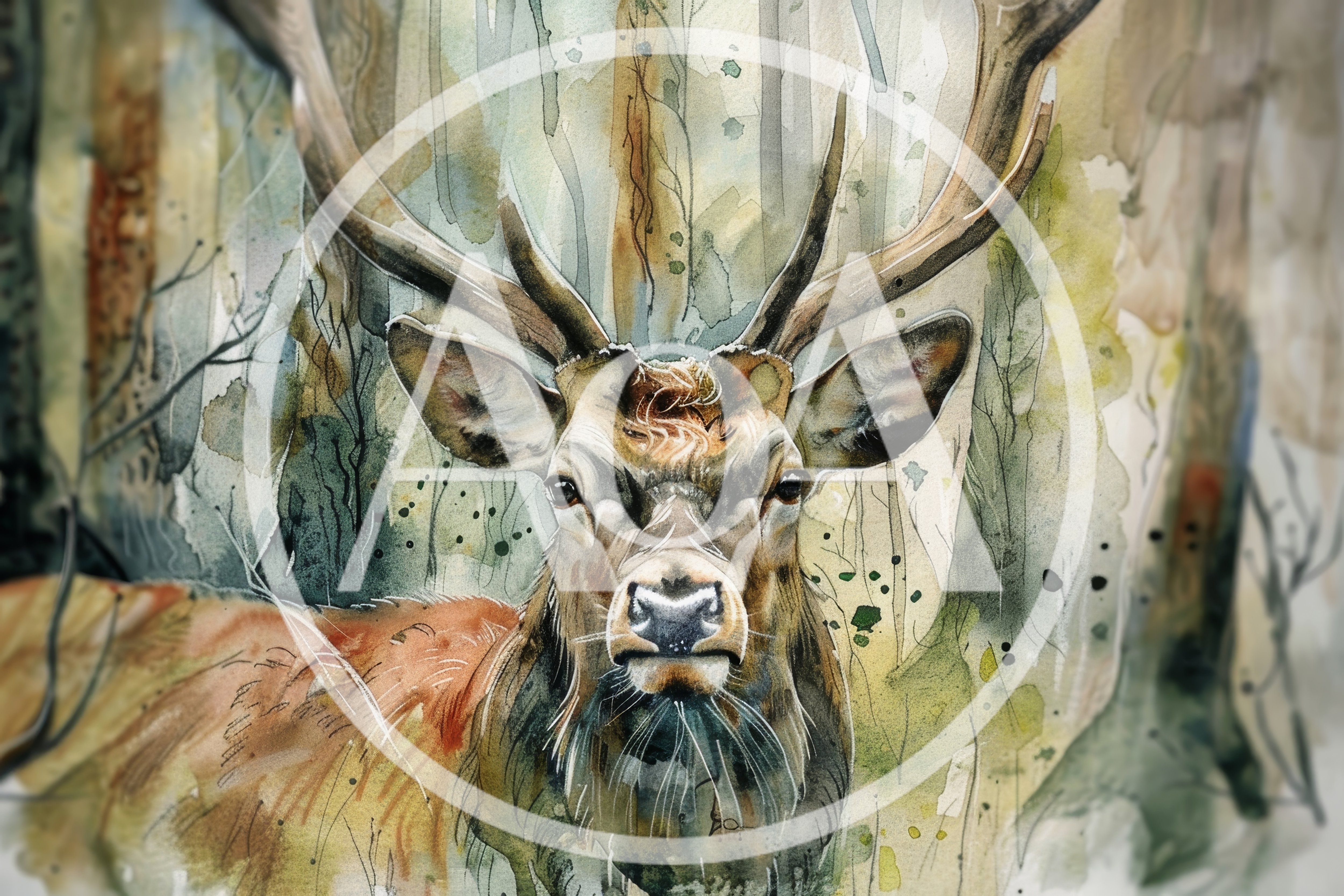 Watercolor Painting Of A Majestic Stag In Forest