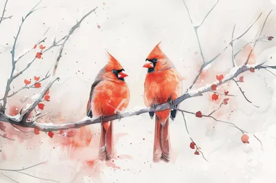 Two Northern Cardinals Perched On A Snowy Branch