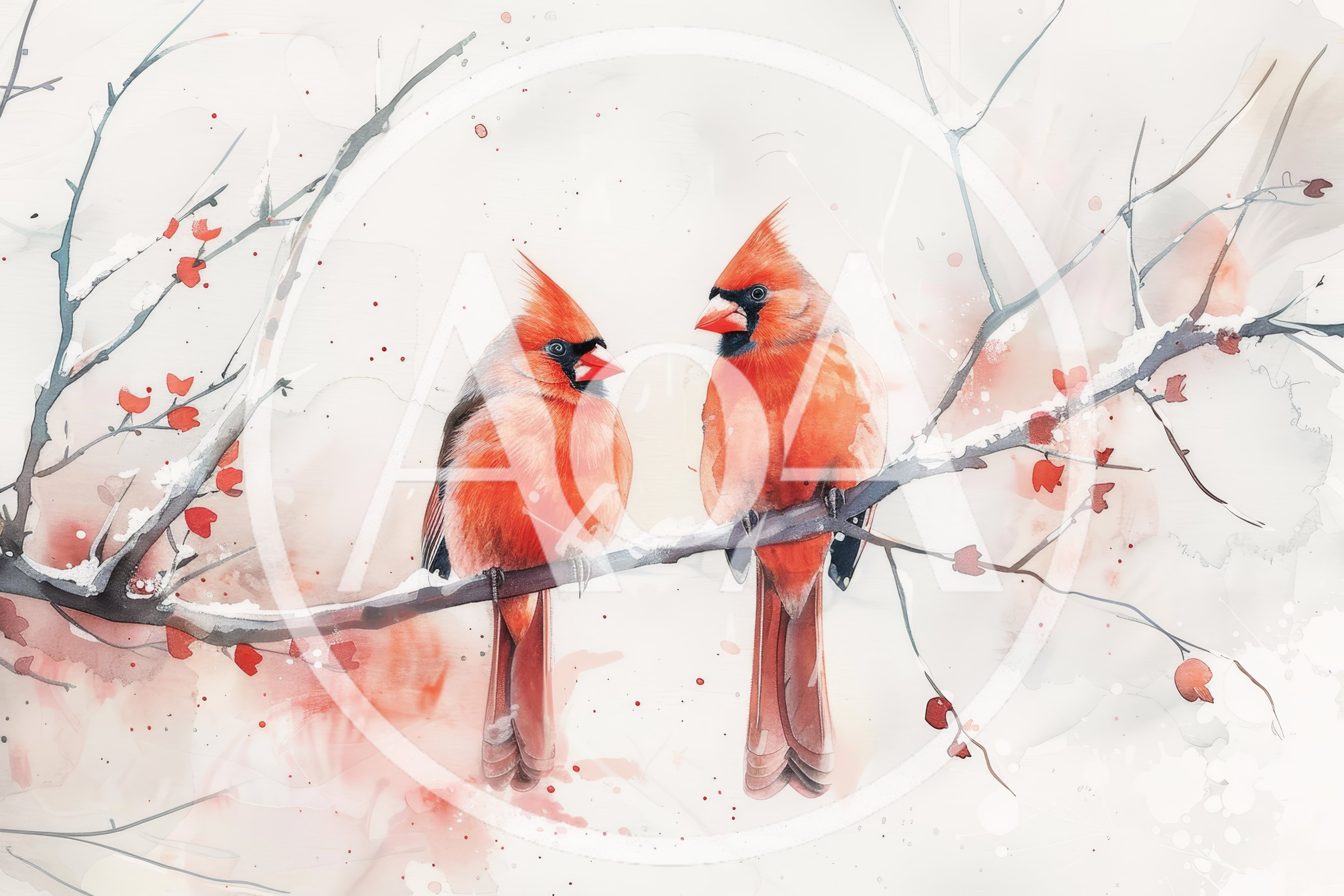 Two Northern Cardinals Perched On A Snowy Branch