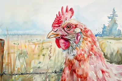 Watercolor Painting Of A Chicken In A Rural Field