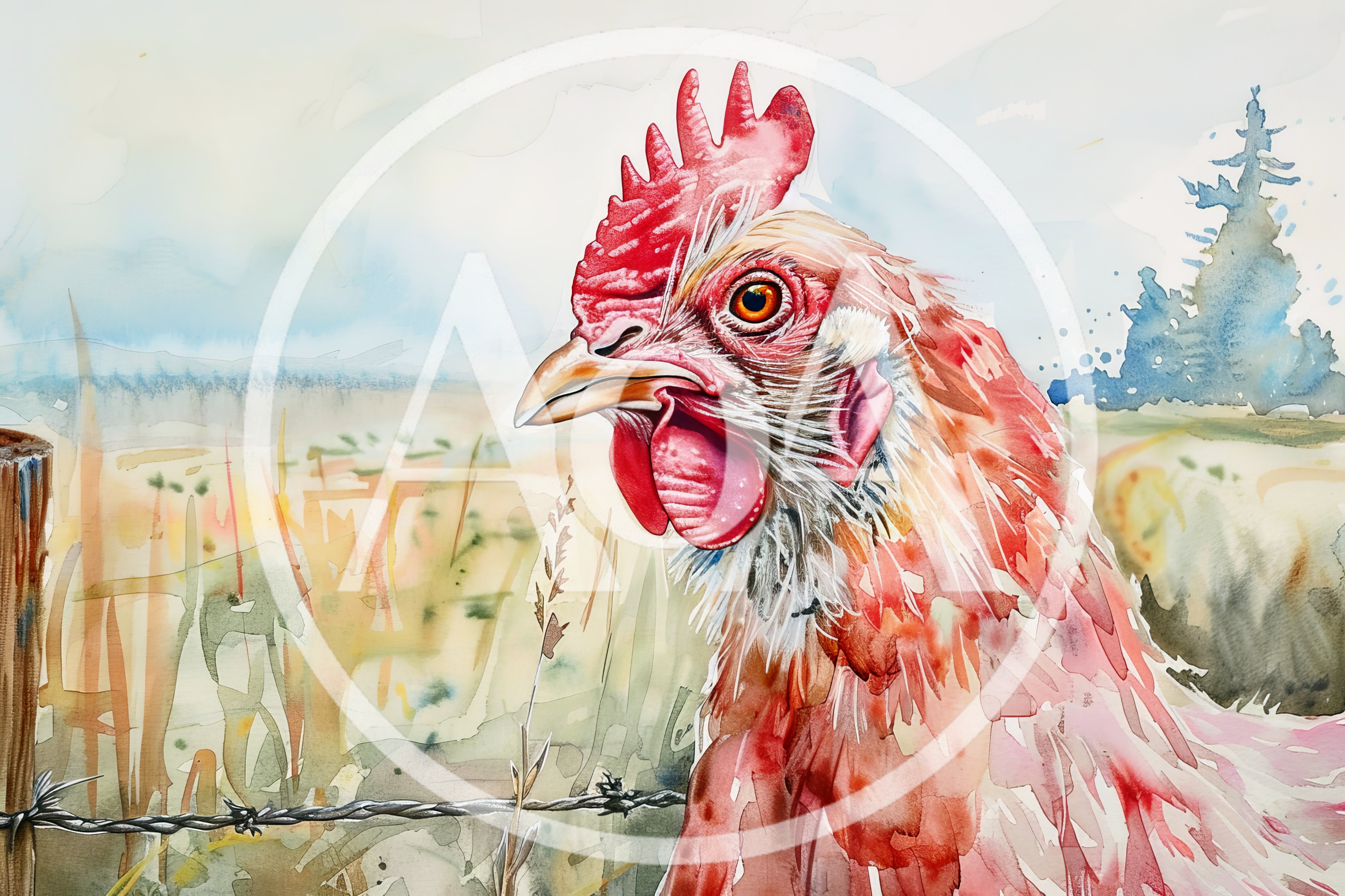 Watercolor Painting Of A Chicken In A Rural Field