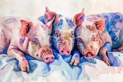 Three Watercolor Piglets Resting Together