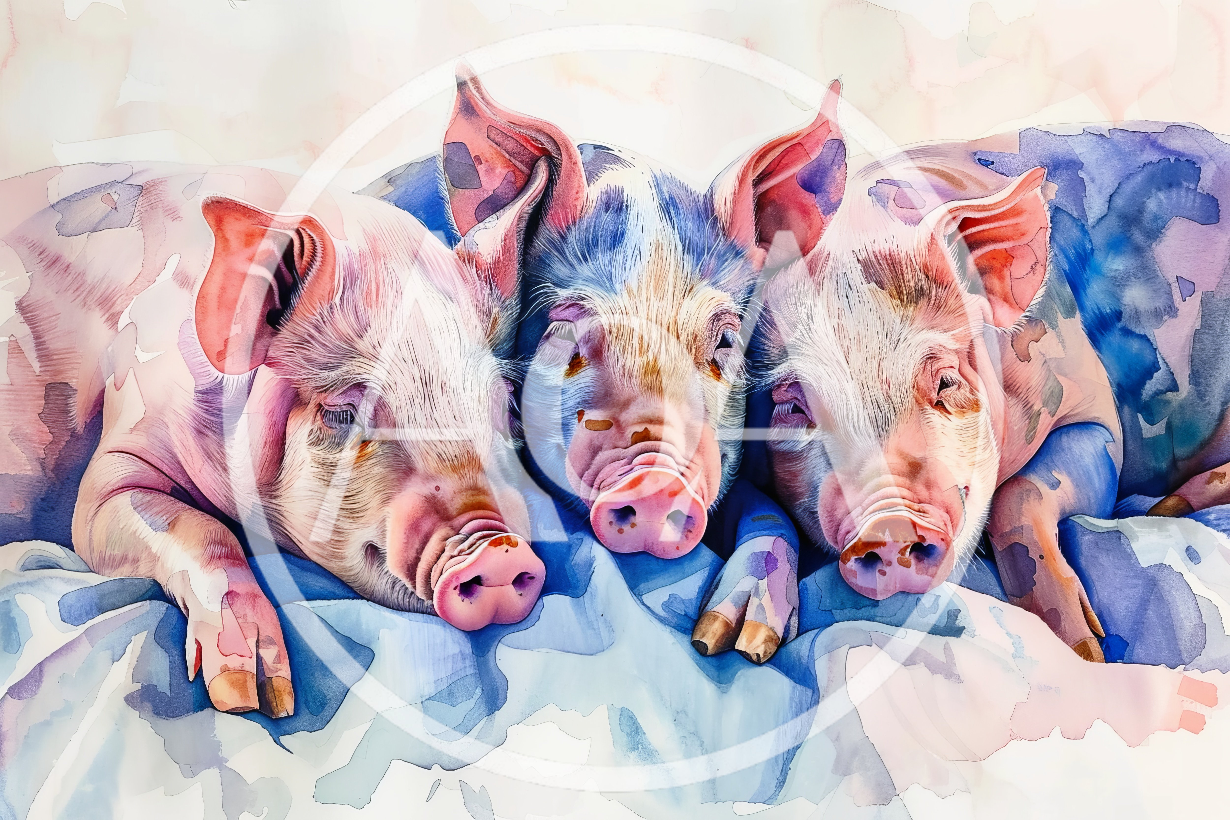 Three Watercolor Piglets Resting Together