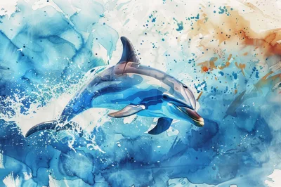 Watercolor Illustration Of A Jumping Dolphin