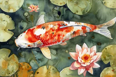 Watercolor Painting Of A Koi Fish And Water Lilies