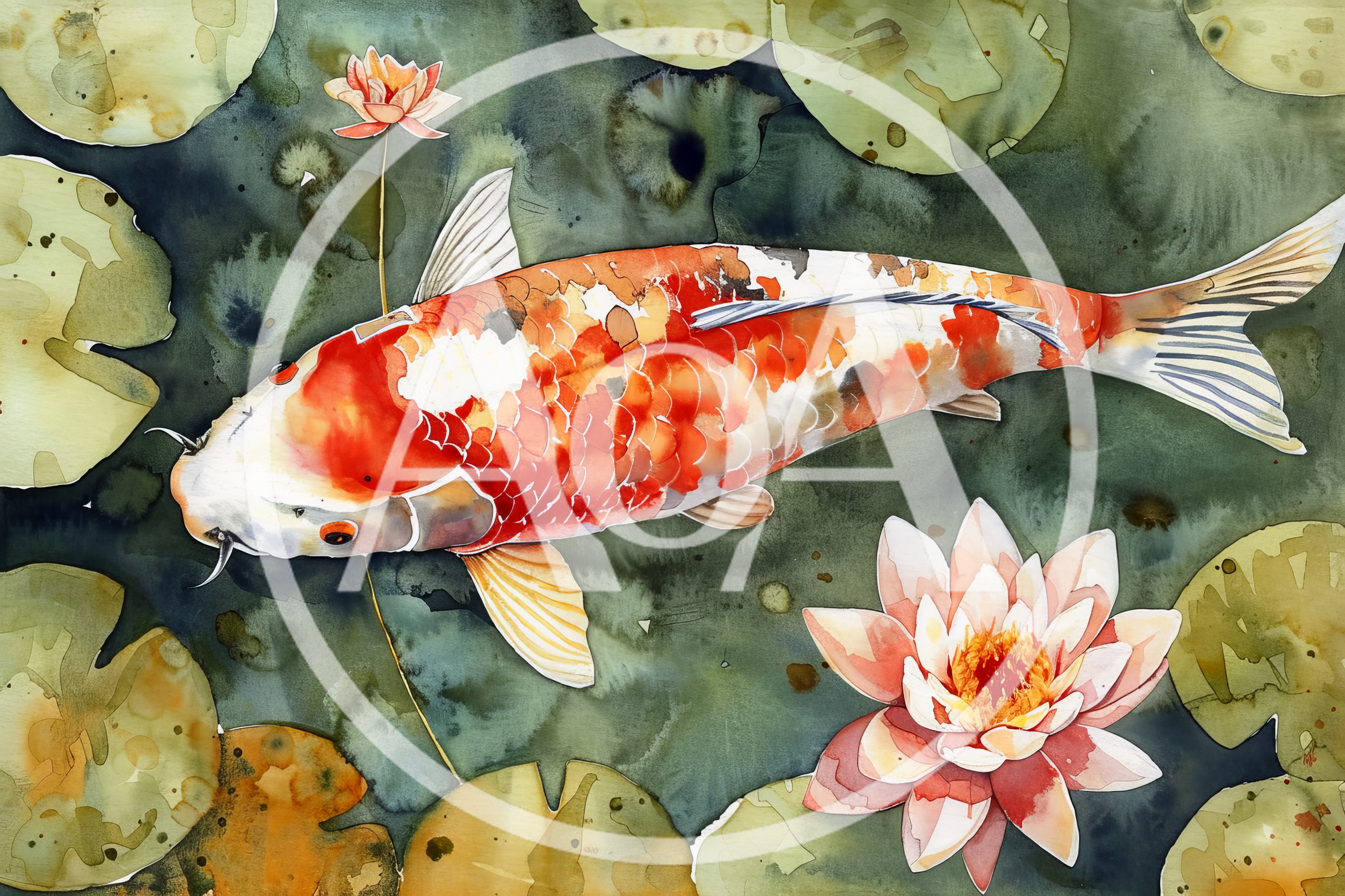 Watercolor Painting Of A Koi Fish And Water Lilies