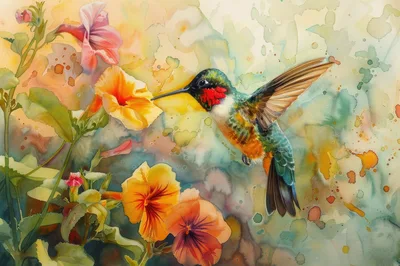 Watercolor Painting Of A Hummingbird Near Vibrant Flowers