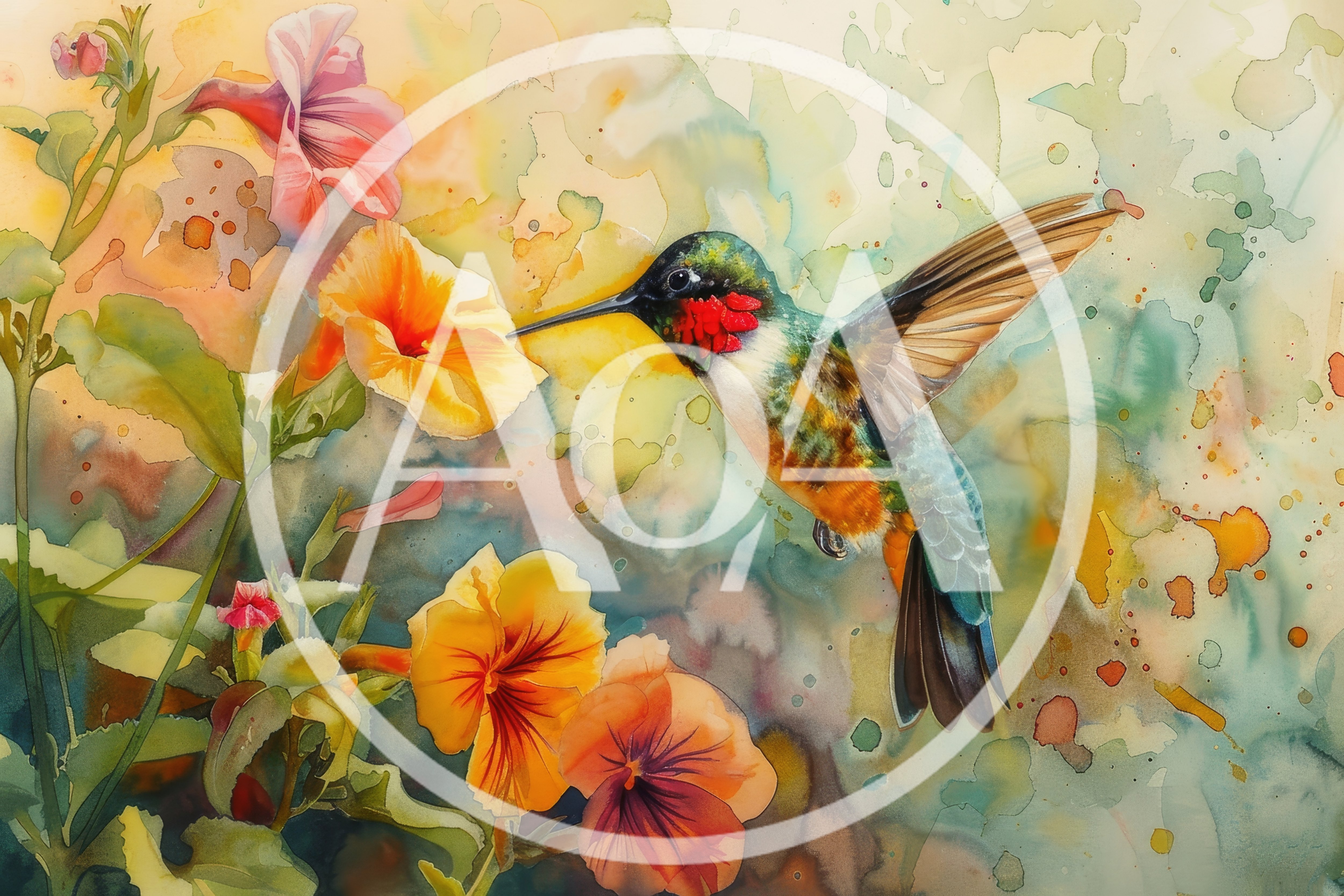 Watercolor Painting Of A Hummingbird Near Vibrant Flowers