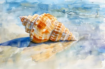 Watercolor Illustration Of A Seashell On The Beach