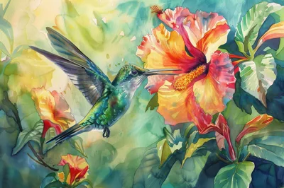 Watercolor Painting Of A Hummingbird Feeding On Hibiscus