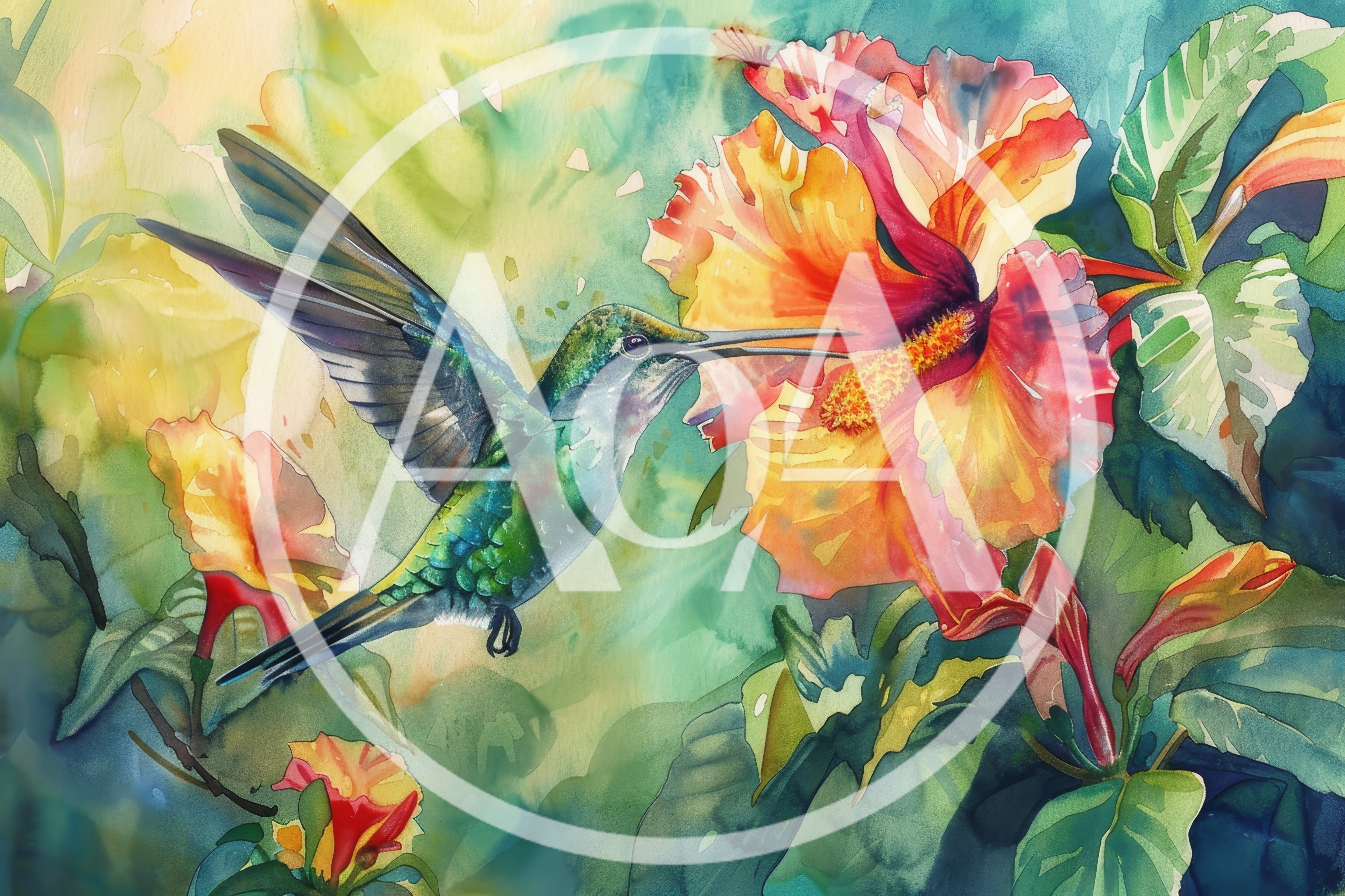 Watercolor Painting Of A Hummingbird Feeding On Hibiscus