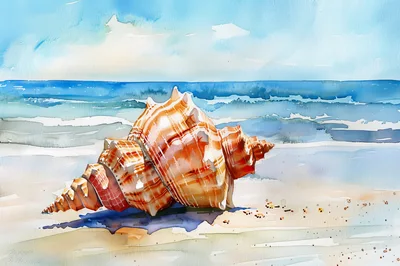 Watercolor Painting Of A Large Seashell On The Beach