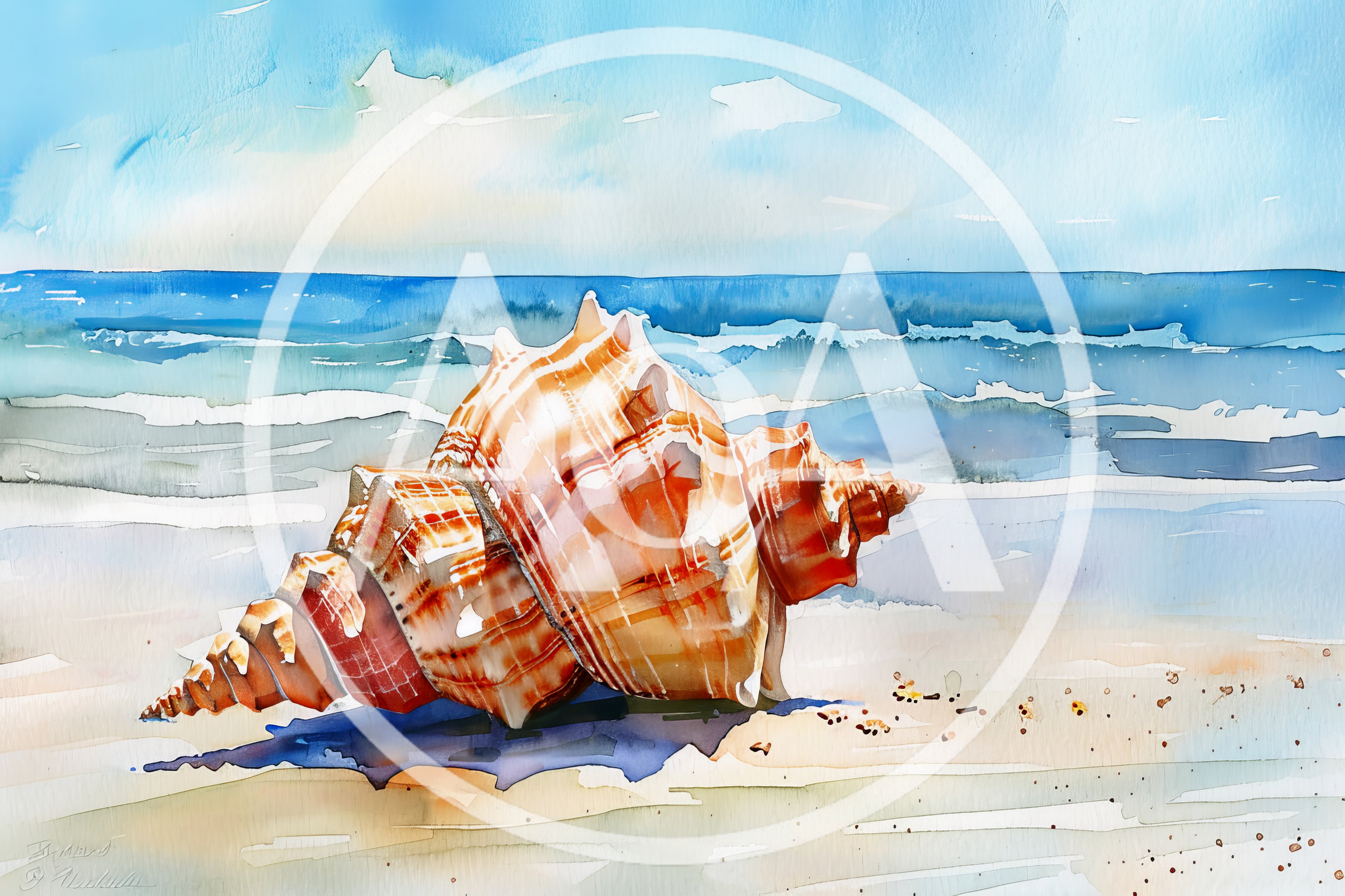 Watercolor Painting Of A Large Seashell On The Beach