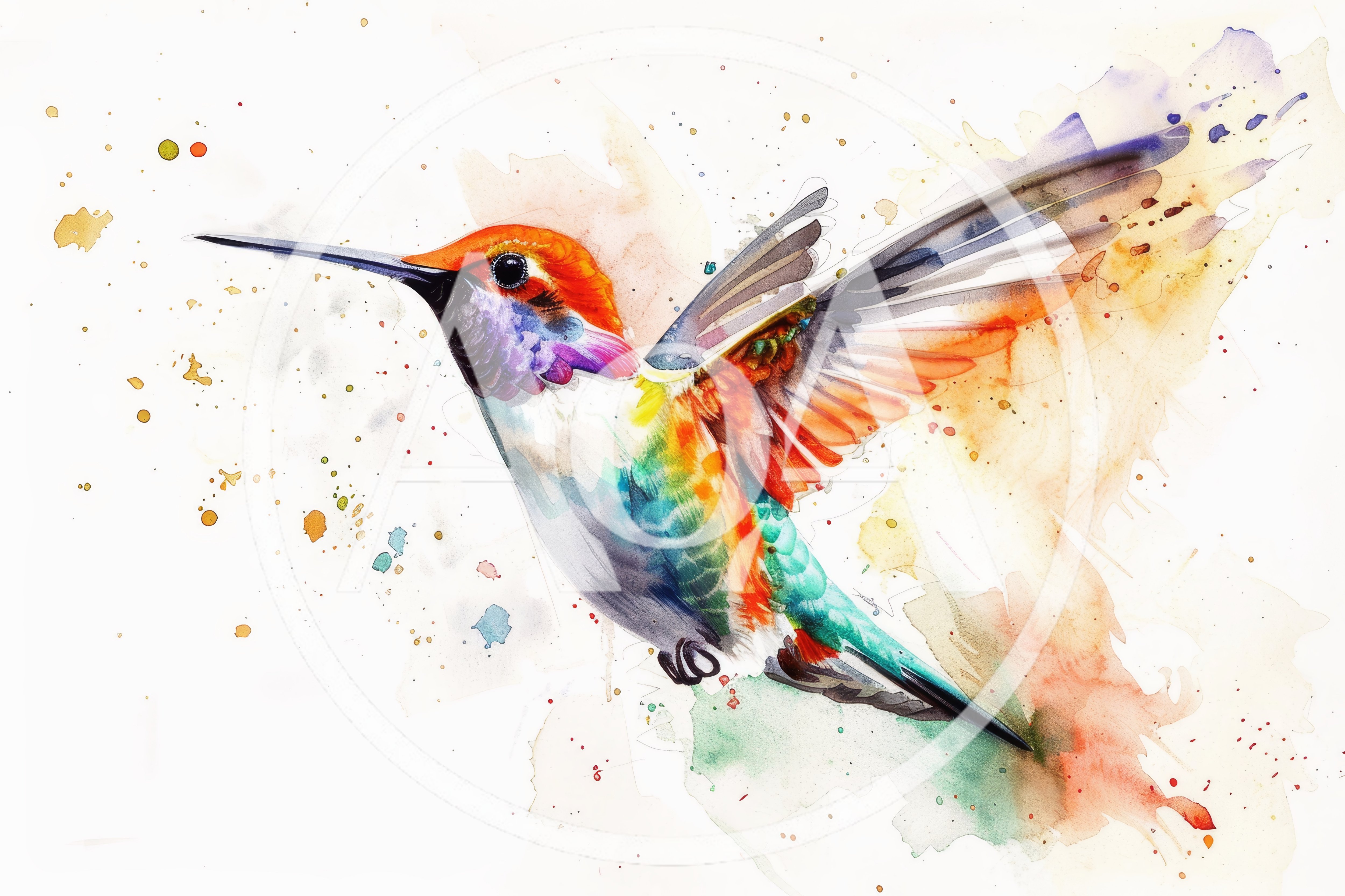 Watercolor Painting Of A Vibrant Hummingbird In Flight