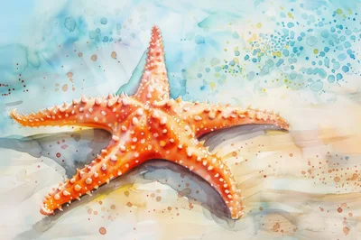 Watercolor Illustration Of A Vibrant Orange Starfish