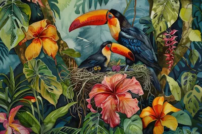 Two Toucans Nesting in a Lush Tropical Rainforest