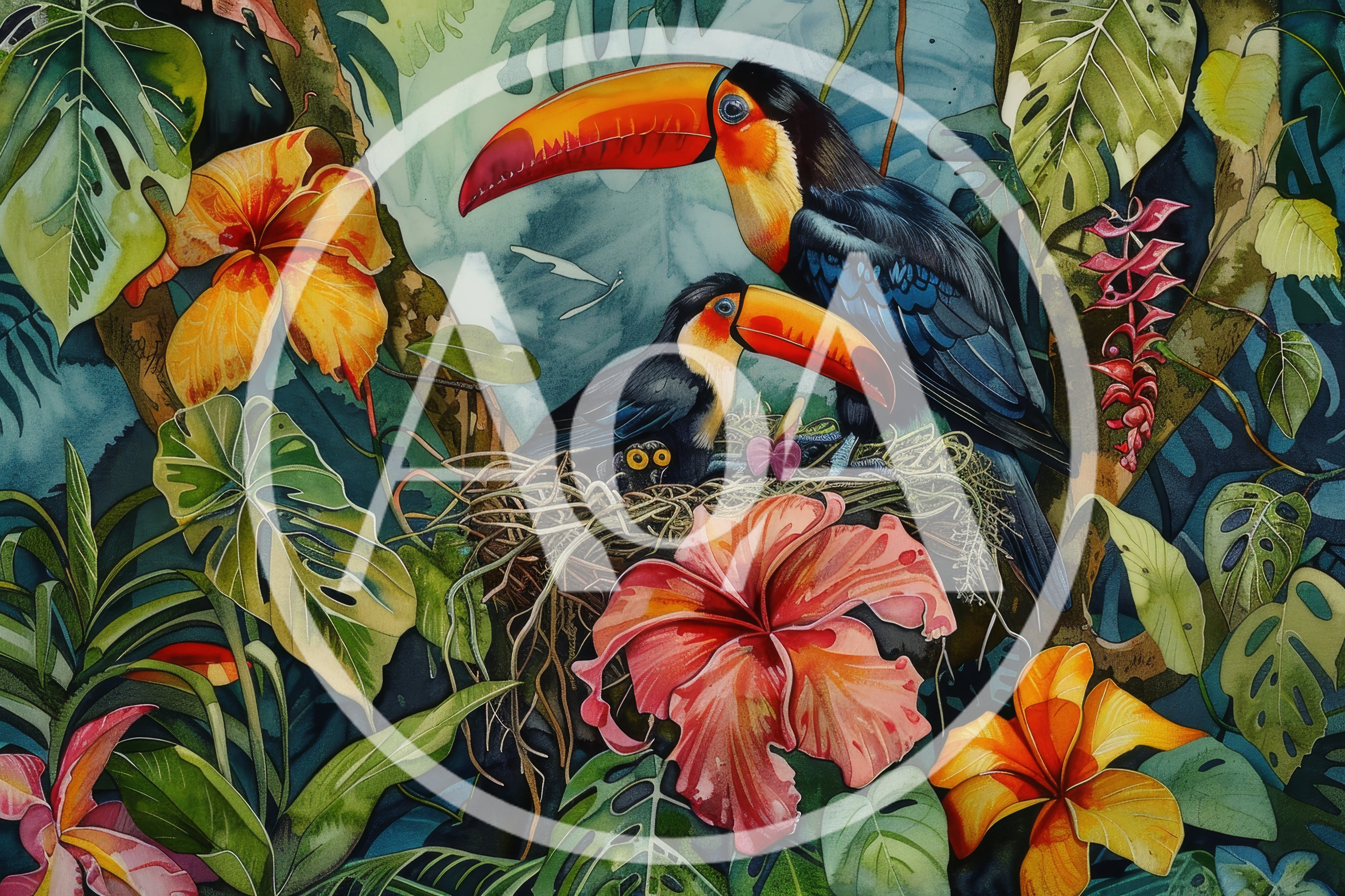 Two Toucans Nesting in a Lush Tropical Rainforest