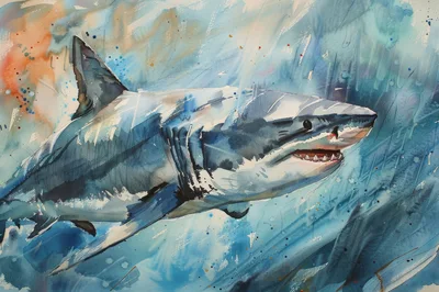 Watercolor Painting Of A Great White Shark