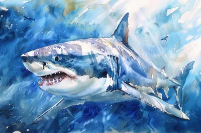 Watercolor Painting Of A Great White Shark