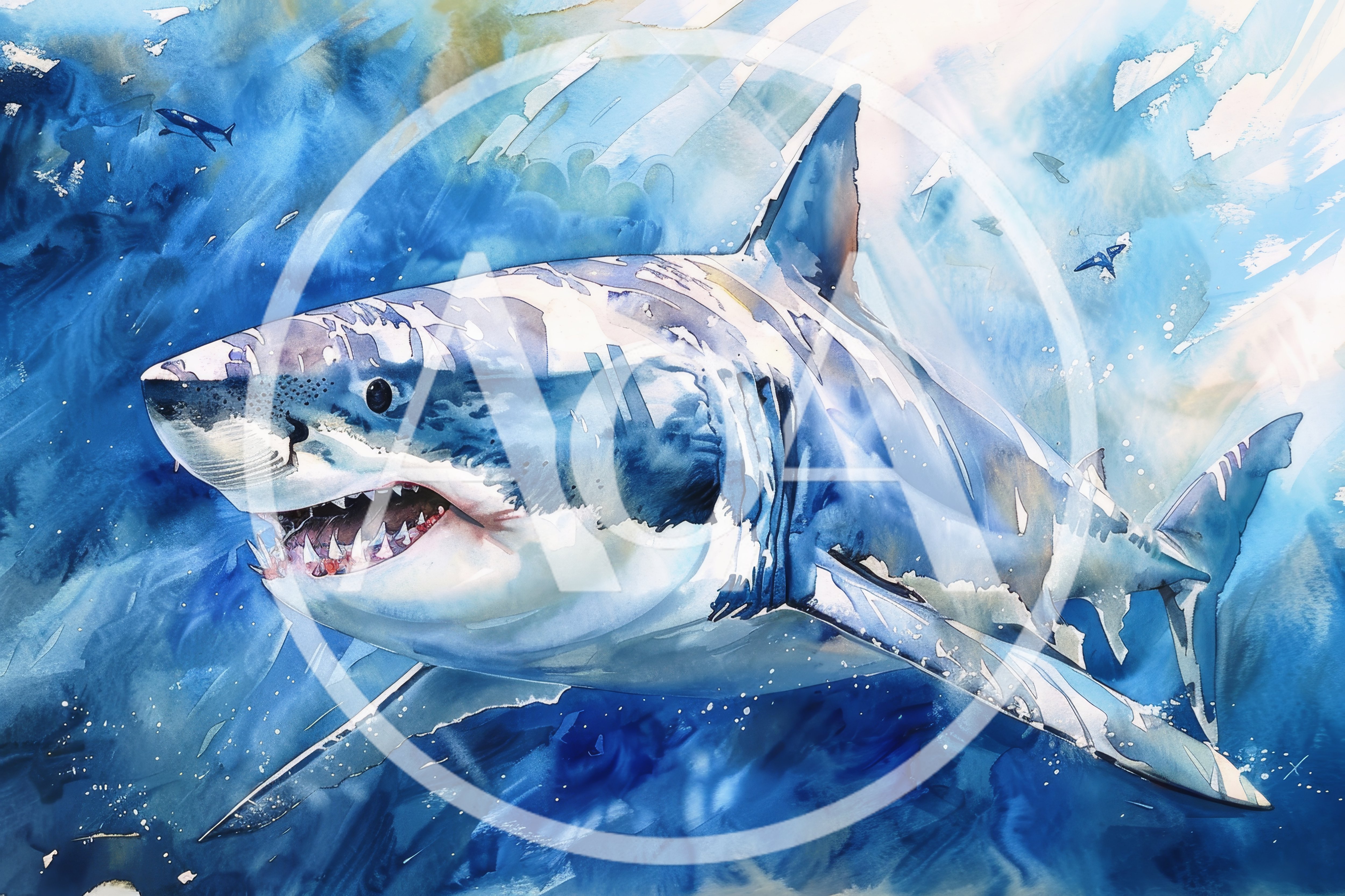 Watercolor Painting Of A Great White Shark