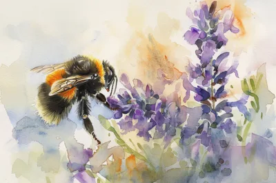 Watercolor Painting Of A Bumblebee On Purple Flowers