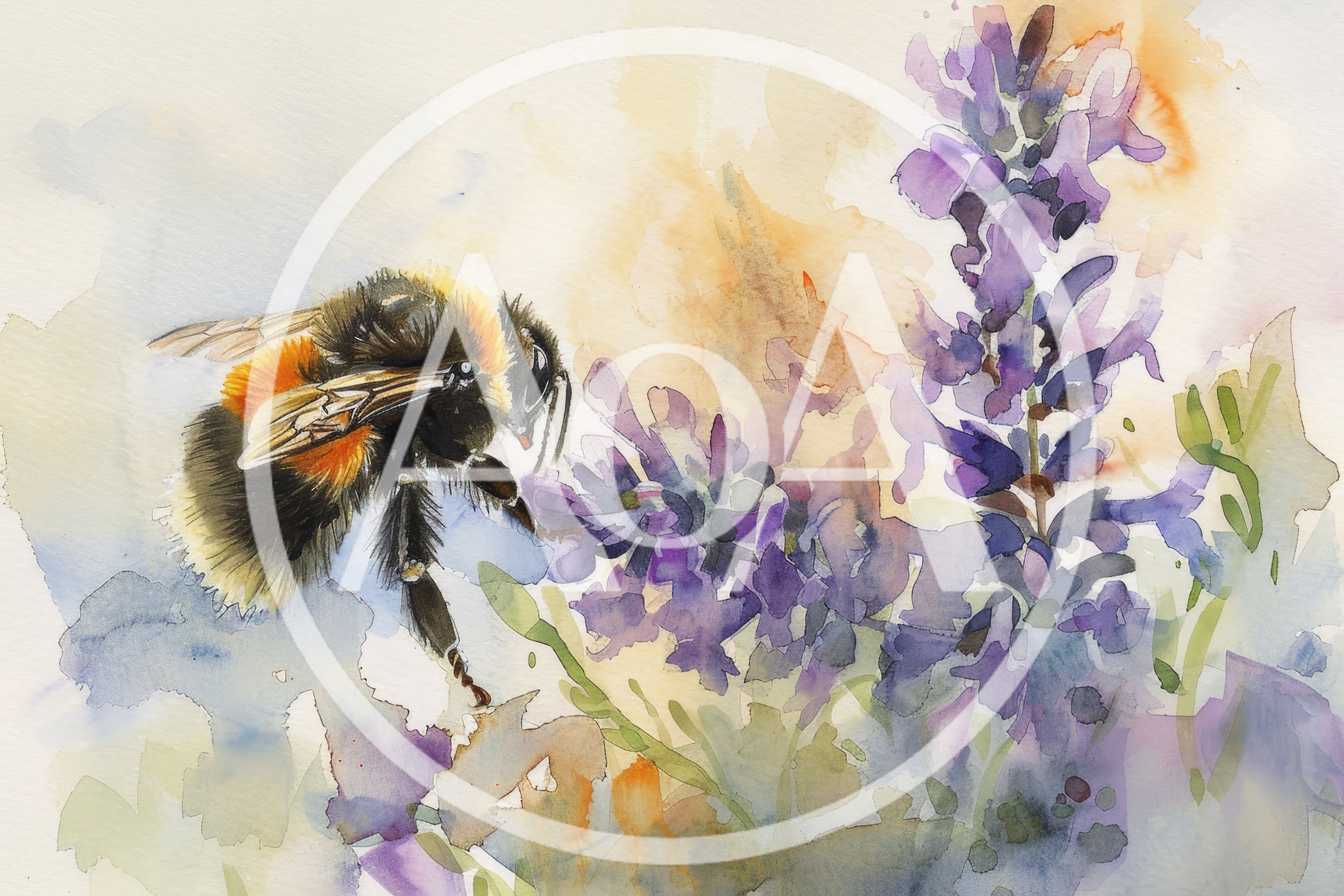 Watercolor Painting Of A Bumblebee On Purple Flowers
